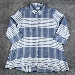 Habitat Shirt Women's Medium Blue Linen 3/4 Sleeve Button Up Tunic Coastal Beach